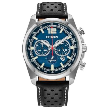 Imagem de Citizen Relógio masculino casual esportivo Eco-Drive, pulseira de couro preto, mostrador azul, cronógrafo, data (modelo: CA4640-09L)