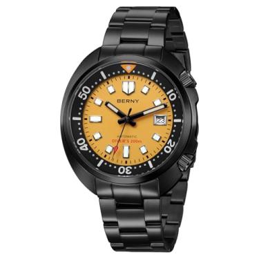 Imagem de BERNY Relógio automático masculino à prova d'água 200 m, relógio de pulso mecânico analógico com aço inoxidável super luminoso, revestimento AR, cristal de safira, calendário, moderno, presente de