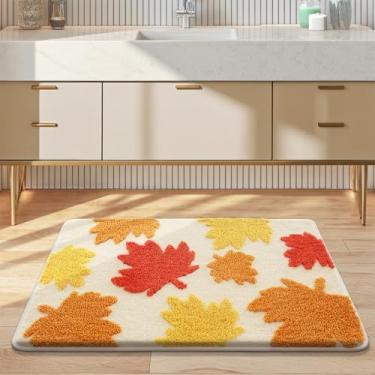 Imagem de Capacho de folha de bordo de outono, tapete de banho macio antiderrapante vermelho laranja amarelo folha de outono, tapete felpudo de microfibra ultra absorvente, tapete de secagem rápida para
