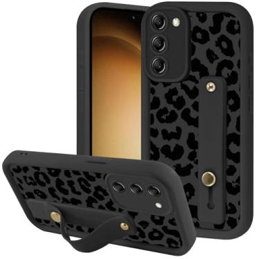 Imagem de Zrutru Capa de telefone estética preta com estampa de leopardo para Samsung Galaxy S23 5G com suporte de alça de pulso ajustável flexível de silicone à prova de choque para Samsung S23 de 6,1