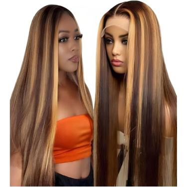 Imagem de Peruca frontal de renda loira mel - cabelo humano, 71 cm, ombre, pré-arrancado, cabelo de bebê, 180% destaque, sem cola, liso, renda frontal