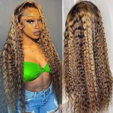Imagem de Yeeaak Peruca de cabelo humano Highlight Ombre 33 x 15 cm de cabelo humano 4/27 destaque 33 x 15 peruca frontal de renda profunda para mulheres 180% densidade loira mel HD peruca frontal encaracolada