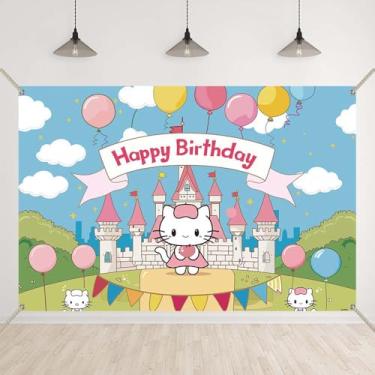 Imagem de Bellicremas Pano de fundo de aniversário de castelo e gato para meninas, balões, gatinho, bebê, menina, aniversário, decoração de festa de princesa, nuvens, pata, gato, faixa com ilhós de cobre