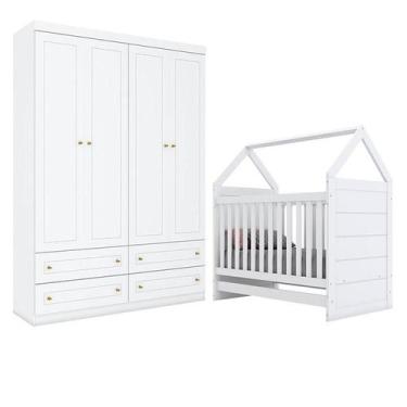 Imagem de Berço Montessoriano e Guarda Roupa Infantil Americano 4 Portas Branco 