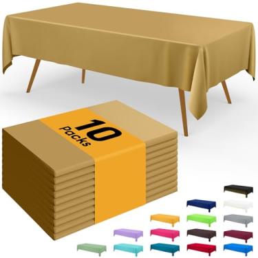 Imagem de Smiry Toalha de mesa descartável – pacote com 10, toalhas de mesa retangulares impermeáveis de 137 x 272 cm para festas, capa de mesa de plástico decorativa, à prova de vazamento e resistente, dourada