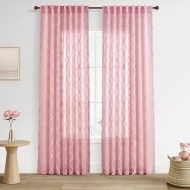 Imagem de Cortinas rosa translúcidas 213 cm de comprimento, 2 painéis para quarto de berçário, aba traseira, rosa, estampa geométrica, pompom, boho, cortinas de janela com filtro de luz, privacidade para quarto