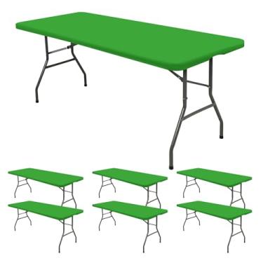 Imagem de Pacote com 6 toalhas de mesa ajustadas para mesas retangulares de 1,8 m, capa de mesa verde elástica para piquenique ao ar livre, toalhas de mesa dobráveis laváveis de 1,8 m para acampamento, festa