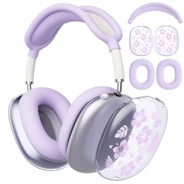 Imagem de AdorableWhimsy Capa de flor de hibisco roxo para Apple AirPods Max, capas de almofadas de ouvido/capa de fone de ouvido, acessórios de proteção de fone de ouvido para AirPods Max (2020 Lightning/2024