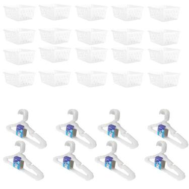 Imagem de Kit 20 Cestos Médio + 40 Cabides Transparente Infantil - 123ORGANIZEI