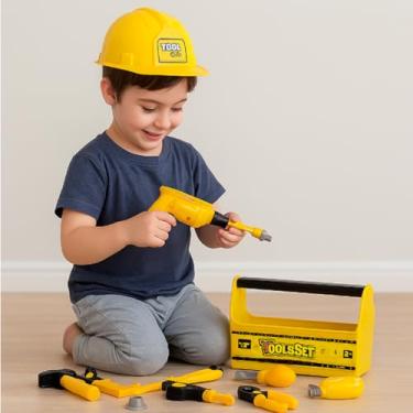 Imagem de Maleta De Ferramentas Infantil Brinquedo Meninos Com Cinto Martelo Capacete - Pica Pau (Amarelo)