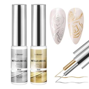 Imagem de U-Shinein Esmalte de gel de pintura espelhada metálica, gel de desenho pintado de metal prateado e dourado com pincel, esmalte de gel cromado, 2 peças, conjunto de 6 ml, cura com efeito 3D, requer