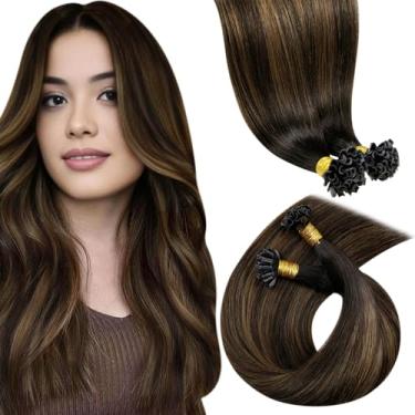 Imagem de LaaVoo Extensões de cabelo humano com ponta em U, Hot Fusion Utip, extensões de cabelo castanho escuro misto castanho médio 45 cm 50 g