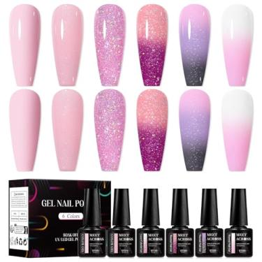 Imagem de MEET ACROSS Conjunto de esmalte de gel rosa, 6 cores, rosa claro e macio, glitter rosa, esmalte de gel que muda de cor, kit de manicure para salão de beleza, presente de casa para mulheres