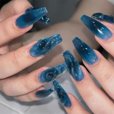 Imagem de RTKHFZE Unhas de comprimento longo, unhas postiças azul oceano com listras design ombré cola falsa em unhas de inverno para férias/presente de Natal para mulheres