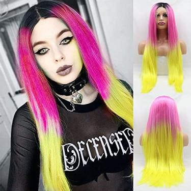 Imagem de karissa Hair Peruca frontal rosa amarela macia longa reta roxa colorida arco-íris perucas para mulheres linha fina natural realista ombré fibra sintética resistente ao calor cosplay diário 71 cm 28