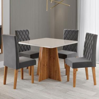 Imagem de Mesa de Jantar 4 Lugares Evah com Vidro Marrom/Off White/Veludo Cinza - Viero Móveis