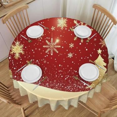 Imagem de Toalha de mesa redonda dourada com padrão de árvore de Natal, floco de neve, 152 cm, pano de poliéster para jantar, com bordas recortadas, resistente a manchas, cozinha, piquenique, festa, restaurante