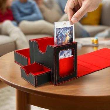 Imagem de MTG Deck Box, caixa de baralho Commander com janela de exibição com bandeja de dados, caixa de armazenamento de cartão TCG, comporta 100 cartas de manga dupla (preto, vermelho/preto e azul) (preto e