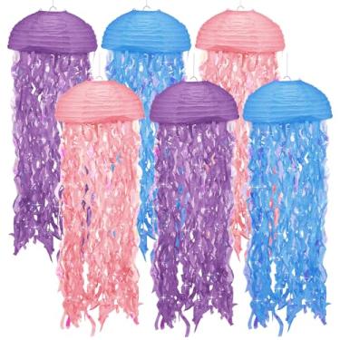 Imagem de Lanternas de papel de água-viva multicoloridas, pacote com 6 - decorações de aniversário de sereia, festa sob o mar, chá de bebê, praia, festa na piscina, sala de aula, decoração temática de quarto