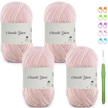 Imagem de SIMEIQI Pacote com 4 fios de chenille de 50 ml para crochê, 158 metros de fio de veludo macio e fofo, crochê ideal para cobertores de bebê, brinquedos, cachecóis, travesseiros, almofadas (rosa claro)