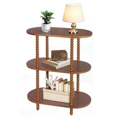 Imagem de FASNAHOK Mesa de sofá, mesa lateral estreita oval de 3 camadas com prateleiras de armazenamento, mesa de console para entrada, corredor, sala de estar e quarto, nogueira