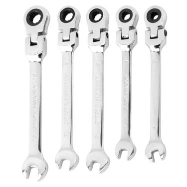 Imagem de Loyanger Conjunto de 5 chaves de catraca de cabeça flexível, kit de chaves de catraca de 6 a 10 mm, chave inglesa métrica de 6 a 10 mm, ponta de caixa e chave aberta 180° cabeça 72 dentes (cor: prata)