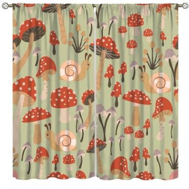Imagem de Cortinas de cogumelo, ilustração temática da floresta de desenho animado de cogumelo manchado flores de verão plantas caracol, janela para sala de estar quarto conjunto de cortinas de janela 2 painéis