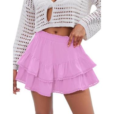 Imagem de Shorts LOMON Flowy Ruffle, saia em camadas, cintura alta, crochê, rosa