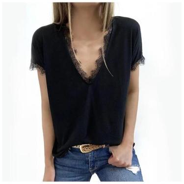 Imagem de Camisetas femininas de verão com decote em V sólido manga curta rendas