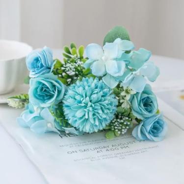 Imagem de Buquê de rosas de seda e crisântemos para noivas, flores artificiais para casamento, jardim ao ar livre, vaso para casa, decoração de mesa, guirlanda, acessórios para presente (azul)