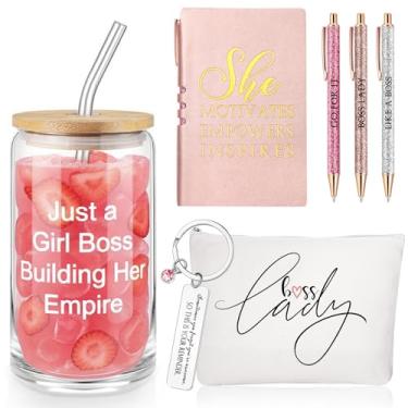 Imagem de SiliFine Conjunto de 7 peças de presente rosa para mulheres Her Lady Thank You Gifts Best Boss Copo de vidro de 473 ml Porta-chaves A6 bloco de notas com 3 canetas esferográficas para Dia de