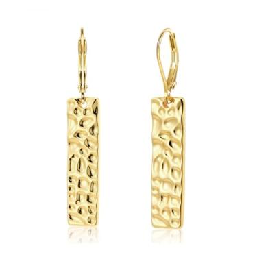 Imagem de Brincos com pingente banhado a ouro, personalidade, fecho de alavanca, geométrico, textura de martelo, brinco de gancho com barra, Medium, Liga de aço, Sem pedra preciosa