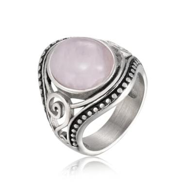 Imagem de Anel oval 10 x 12 mm turquesa/quartzo rosa/ônix preto/cornalina para mulheres tamanho 7 a 11, Metal, Quartzo rosa