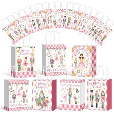 Imagem de Motipuns 30 peças de sacos de presente para quebra-nozes de Natal com alça de diamante rosa xadrez quebra-nozes sacos de presentes de floco de neve a granel de papel de Natal para decoração de festa