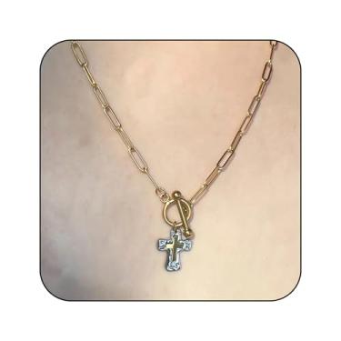 Imagem de Colar com pingente de cruz de dois tons elegante e grosso para mulheres, pingente de cruz dupla banhado a ouro 14 k ou prata, uma peça de declaração inspirada na fé para joias cristãs religiosas