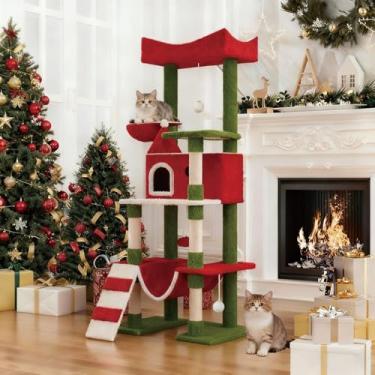 Imagem de STILLCOVE Grande torre de árvore de Natal interna, casa de condomínio para gatos moderna alta com poste arranhador e rede para decorações de Natal