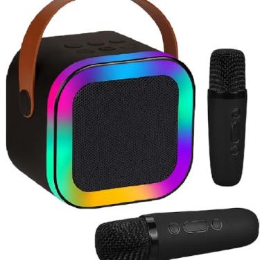 Imagem de Karaokê Infantil Portátil Bluetooth Preto com 2 Microfones Sem Fio e Luz LED RGB – Som Potente 6W, Bateria Recarregável e Design Moderno | Diversão Garantida para Crianças e Família!