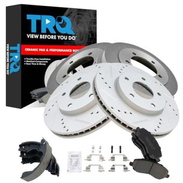 Imagem de TRQ Pastilha de freio dianteiro e traseiro e rotor, kit de sapata e tambor Premium G-Coated Slotted X Drilled Ceramic Performance Compatível com Mitsubishi Eclipse 2002-2005 Galant 2001-2003