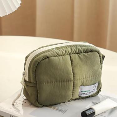Imagem de Bolsa de maquiagem acolchoada inchada, bolsa de cosméticos para pincéis de maquiagem essenciais para viagem, verde, Verde