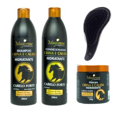 Imagem de Kit Crina e Cauda Hidratante Cabelo Forte Shampoo 500ml Condicionador 500ml Máscara 500g e Escova de pentear Maycrene