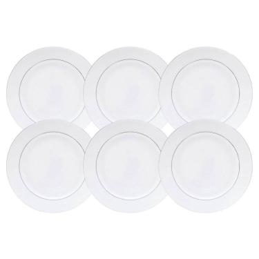 Imagem de Jogo De Pratos Fundo Kit 6Pcs 21Cm Borda Prata Mônaco Branco
