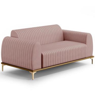 Imagem de Sofá 3 Lugares Para Sala de Estar Molino 180 cm D02 Pés D'Ouro Veludo Rosê C-305 - Lyam Decor