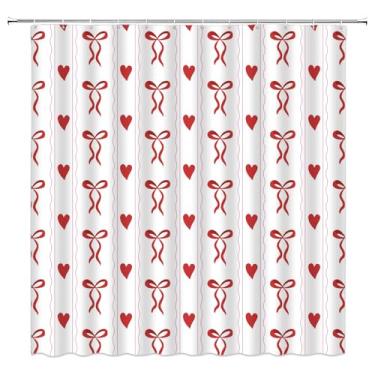 Imagem de Sunhe Cortina de chuveiro vermelha com laço romântico coração moderno sinal de amor 177,8 cm L x 170 A cortina decorativa de banheiro com ganchos