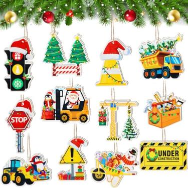 Imagem de Bucherry 24 peças de ornamentos de Natal de construção, caminhão, escavadeira, madeira, ornamentos de Natal com caminhões de corda para pendurar placas de madeira para árvore de Natal, decoração de