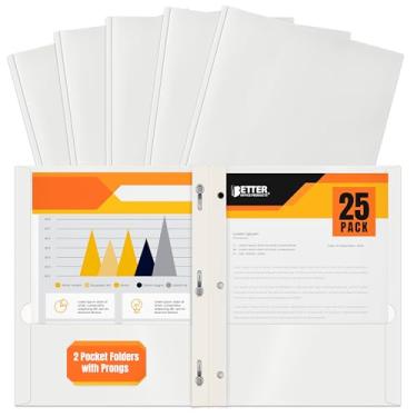 Imagem de Pasta de papel branco brilhante de 2 bolsos com pinos, pacote com 25, da Better Office Products, tamanho de letra, portfólios de papel branco de alto brilho com 3 prendedores de garra de metal, caixa com 25 pastas brancas brilhantes
