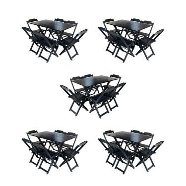 Imagem de Kit 5 Conjuntos De Mesa Dobravel Com 6 Cadeiras De Madeira 120X70 Para Restaurante E Bar - Preto