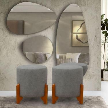 Imagem de Kit 2 Puffs Banquetas Thor Pés De Madeira Maciça Linho Cinza