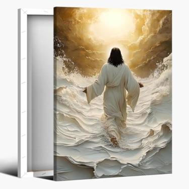 Imagem de Arte de parede em tela emoldurada Jesus para pôster cristão imagem Jesus andando na água impressão pintura decoração de parede para igreja casa sala de estar quarto cozinha escritório decoração 20 x