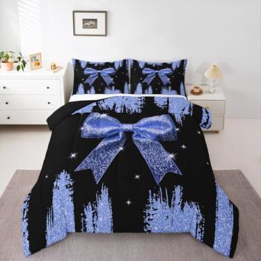 Imagem de Conjunto de edredom kawaii com laço, azul escuro, lindo laço e nó de laço para meninas, conjunto de cama com lantejoulas brilhantes, céu estrelado com glitter, edredom de princesa sonhadora para