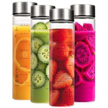 Imagem de Lucidora 4 garrafas de vidro de 590 ml com tampas, garrafas de água de vidro de boca larga com marcações de medição, garrafa de borossilicato reutilizável para sucos, vitaminas, tampas de aço
